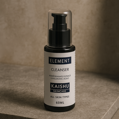 Skincare cleanser bottle labeled 'Element Cleanser' by 'Kaishu Skincare' on a neutral background
