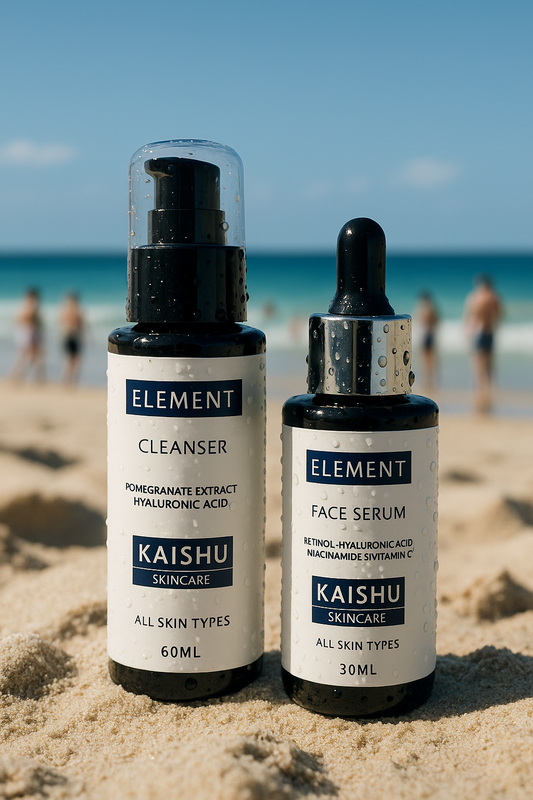 Kaishu Skin 2-Step Routine Set with cleanser and serum displayed on beach background